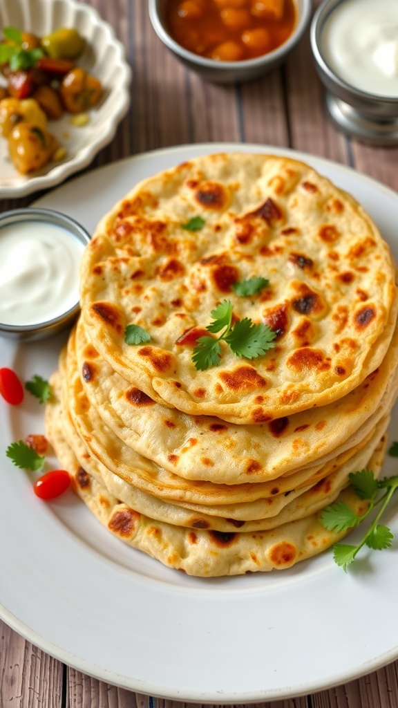 A stack of crispy onion parathas served with yogurt and pickle on a rustic table.